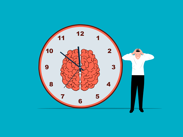 Stressed man holding his head next to a clock with a brain face, illustrating how to stop overthinking right now and manage anxiety.