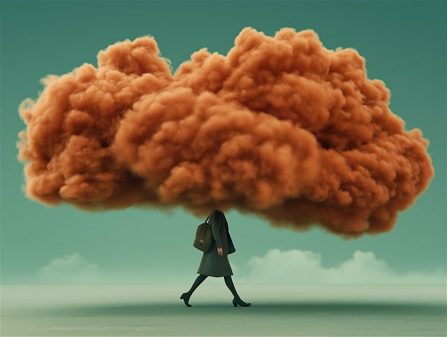 Person walking with their head obscured by a heavy orange cloud, symbolizing 3 ways how to stop overthinking and clear mental fog.