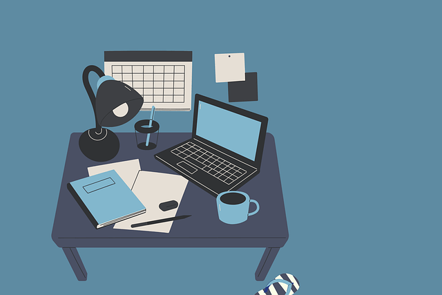 Minimalist desktop setup illustration representing habits of successful people with a laptop, notebook, calendar, and coffee mug