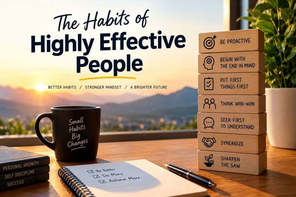 Stacked wooden blocks listing principles from the 6 habits of successful people to become highly effective, next to a coffee mug and notebook.