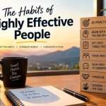 Stacked wooden blocks listing principles from the 6 habits of successful people to become highly effective, next to a coffee mug and notebook.