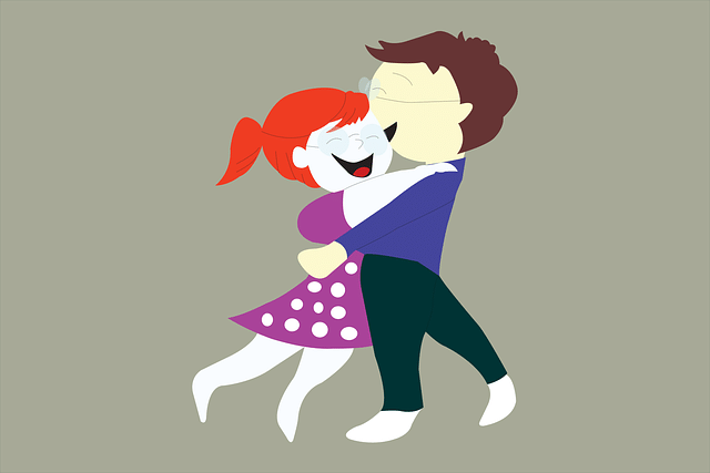 Cartoon illustration of a happy couple hugging and laughing together, demonstrating how healthy relationships bring joy to life.