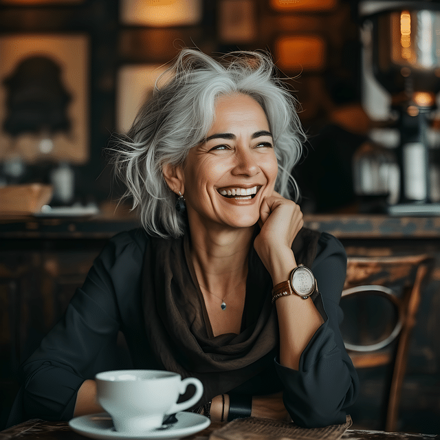 A smiling middle-aged woman with grey hair enjoying a peaceful moment with a cup of coffee at a cozy café.