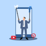 Illustration of a sad man trapped behind prison bars inside a cell phone screen, symbolizing phone addiction and digital dependence.