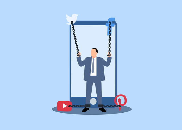 Illustration of a sad man trapped behind prison bars inside a cell phone screen, symbolizing phone addiction and digital dependence.