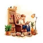 Young man sitting in a cozy leather armchair reading a book surrounded by bookshelves and house plants to create a dedicated quiet study space.