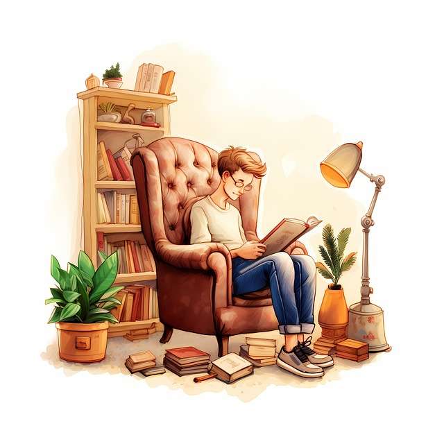 Young man sitting in a cozy leather armchair reading a book surrounded by bookshelves and house plants to create a dedicated quiet study space.