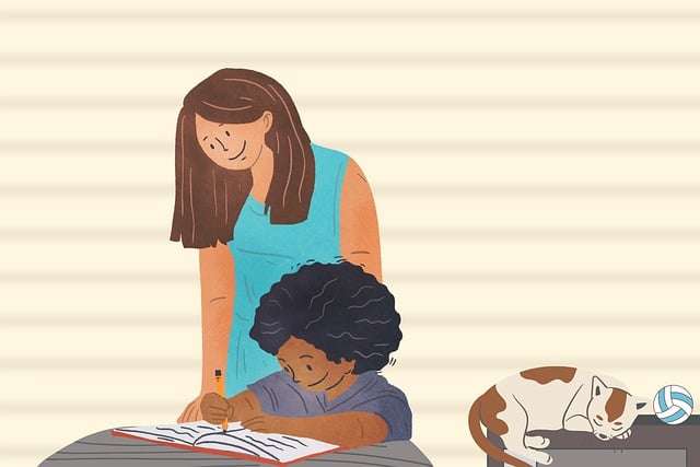 Woman guiding a young student writing in a notebook at home to help build effective study habits and maintain focus.
