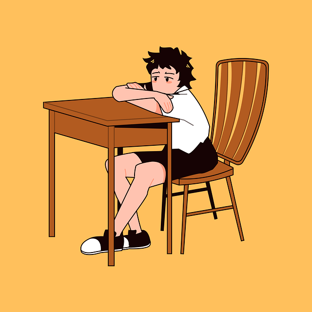 Illustration of a tired student leaning on a wooden desk losing focus while trying to study.