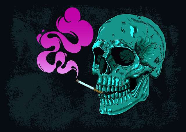 Illustration of a blue skull smoking a cigarette with purple smoke, representing health risks of smoking.